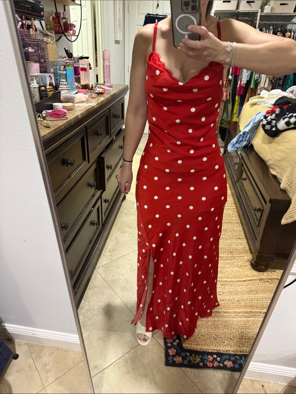 Jessica Simpson Red Polka Dot Maxi Slip Dress with Side Slit